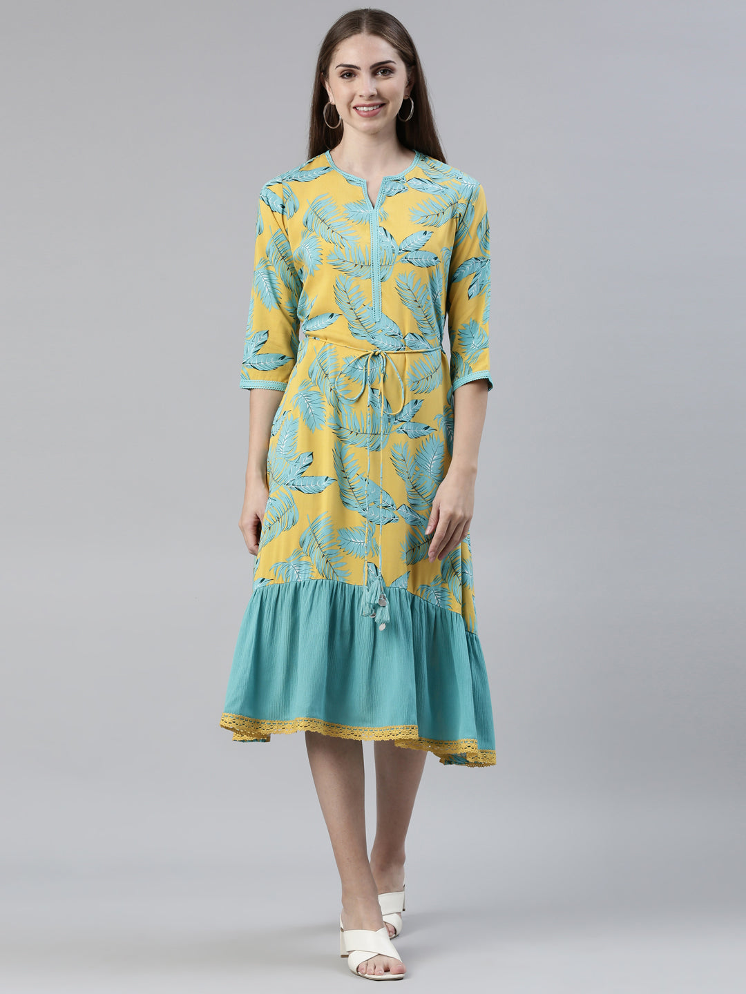 Neerus Yellow Viscose Rayon Printed Kurti - front view
