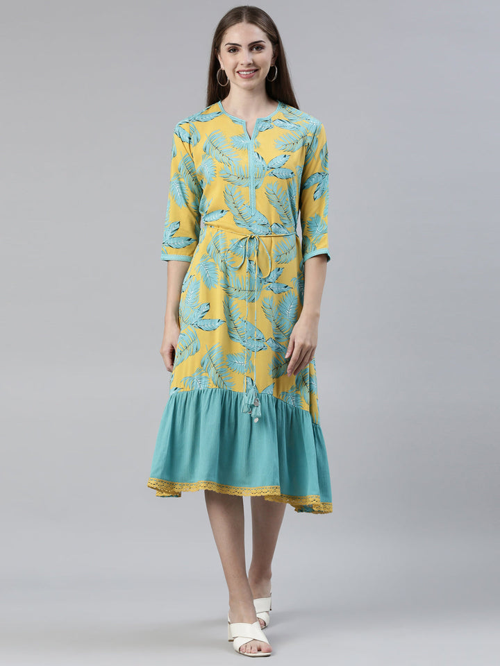 Neerus Yellow Viscose Rayon Printed Kurti - front view