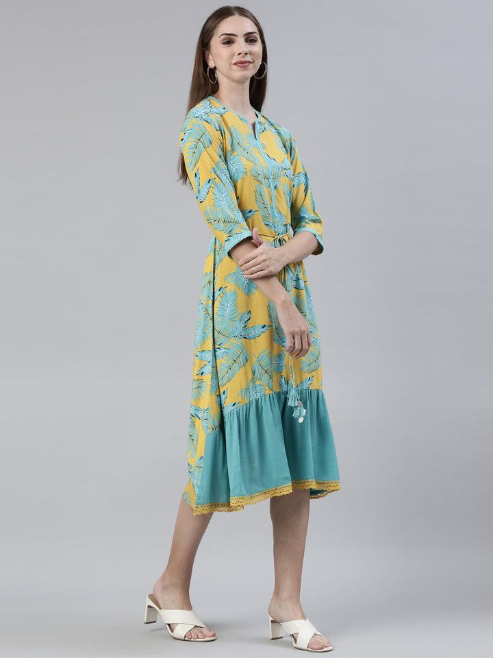 Neerus Yellow Viscose Rayon Printed Kurti - back view