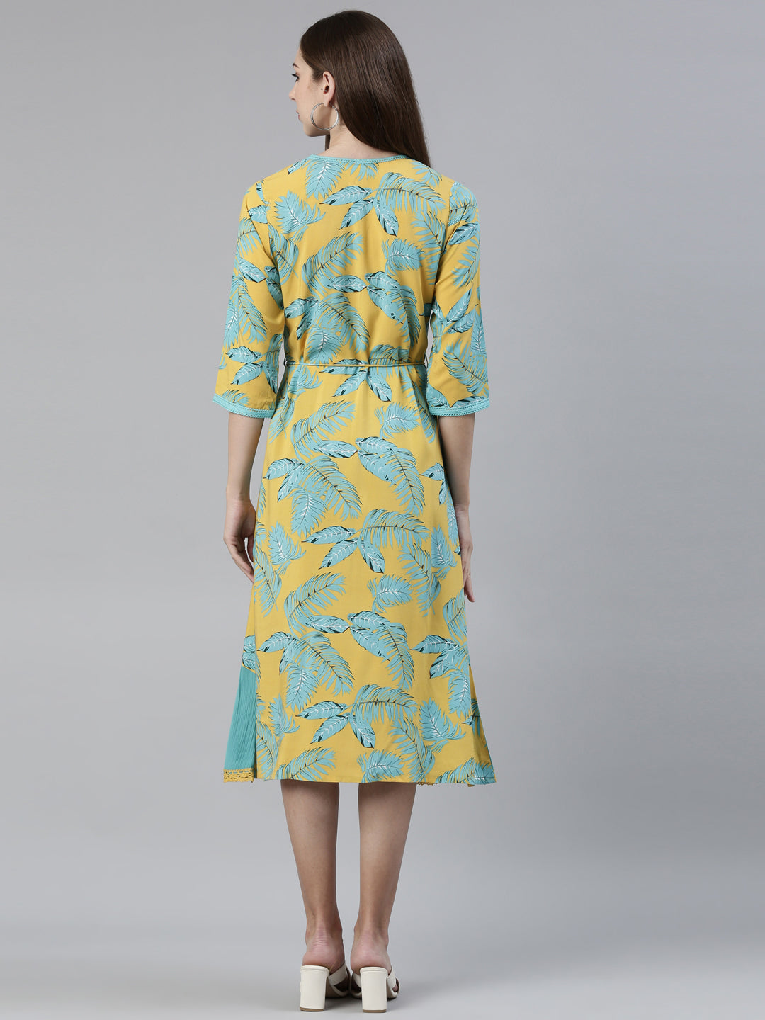 Neerus Yellow Viscose Rayon Printed Kurti - side view