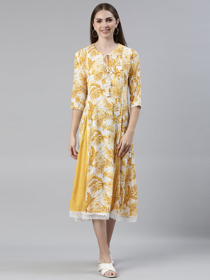 Neerus Yellow chiffon printed A-line kurti - front view