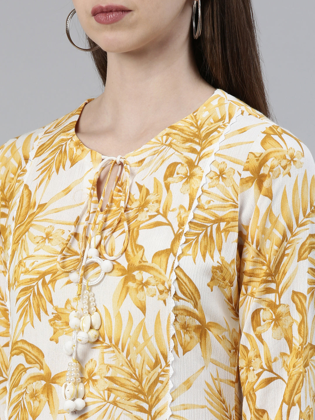 Neerus Yellow chiffon printed A-line kurti - detail view 1