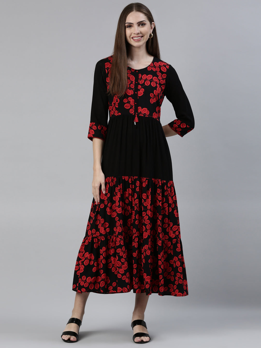 Neerus Black viscose rayon straight kurti - front view