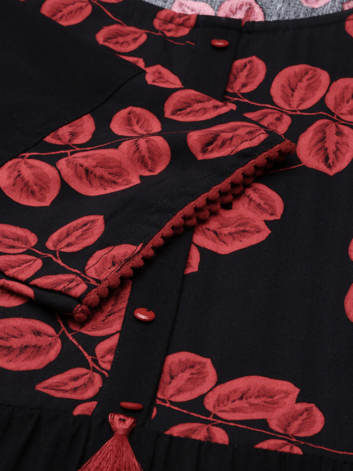 Neerus Black viscose rayon straight kurti - detail view 2