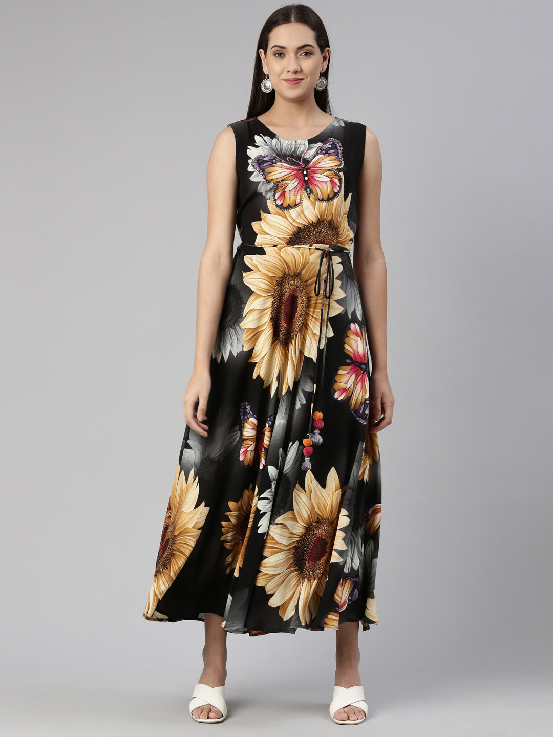 Neerus Grey printed floral maxi dress - front view