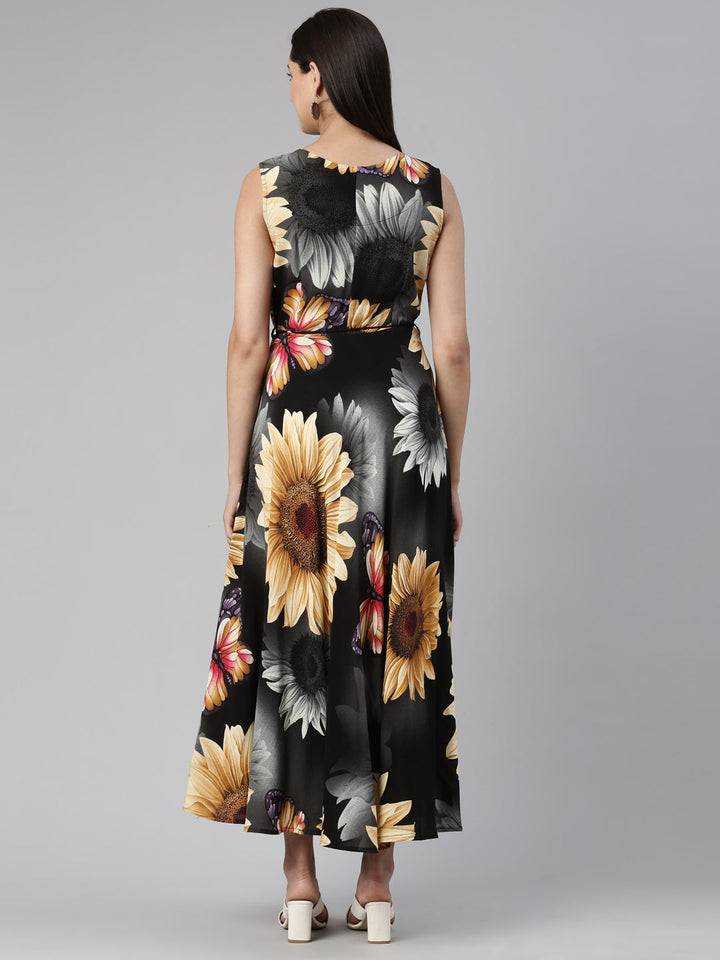 Neerus Grey printed floral maxi dress - side view