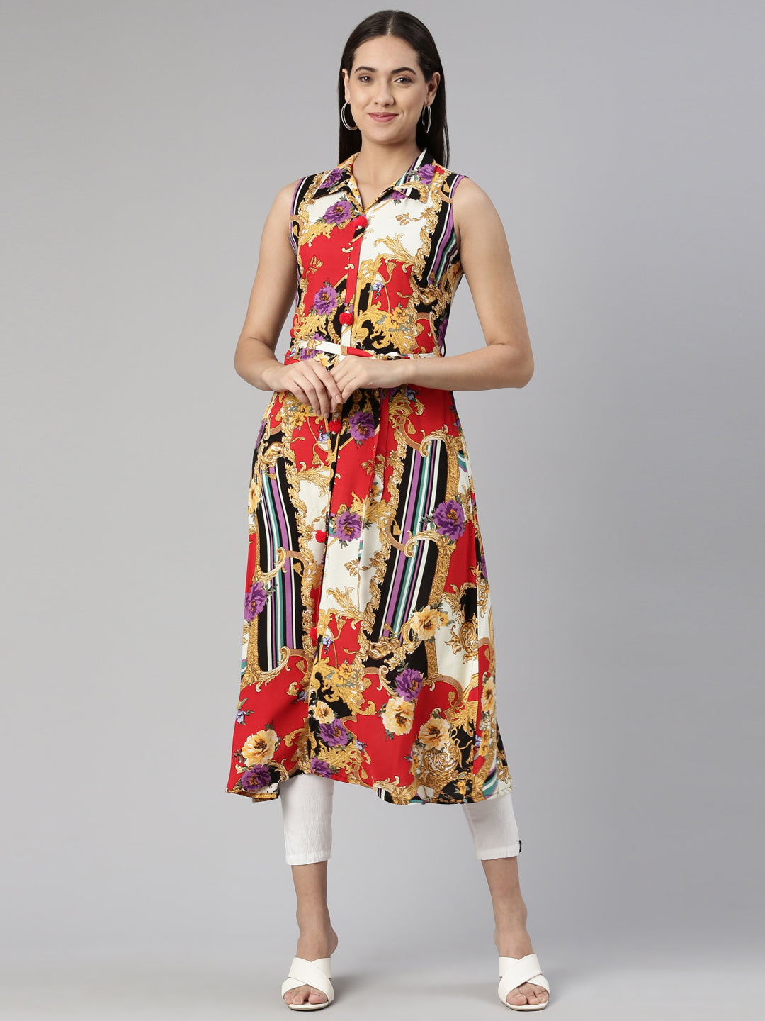 Neerus Black cotton printed A-line kurti - front view