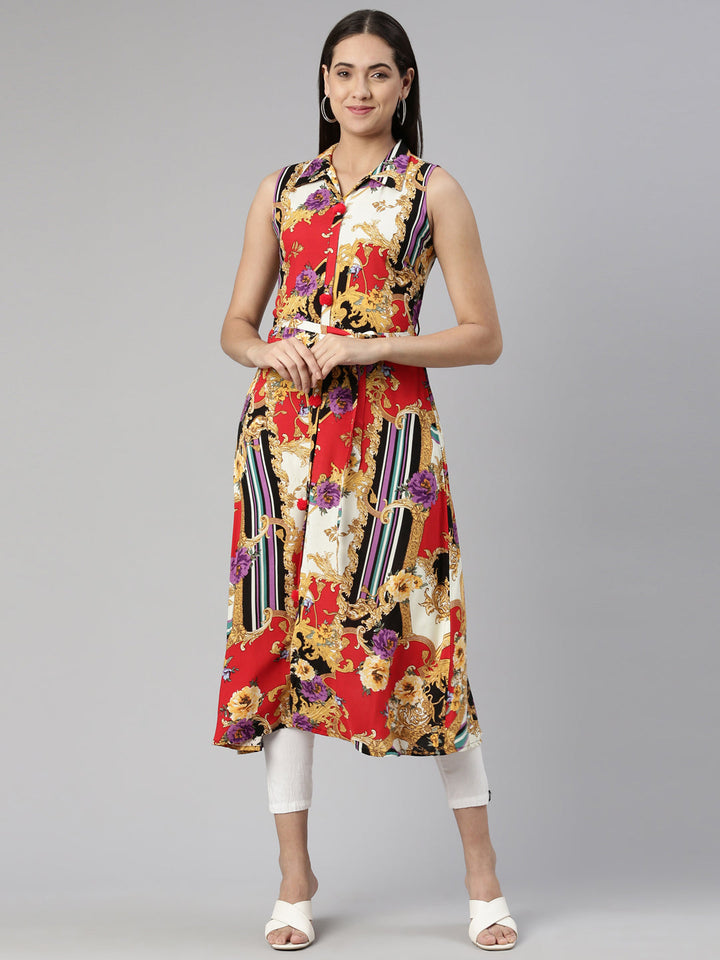 Neerus Black cotton printed A-line kurti - front view