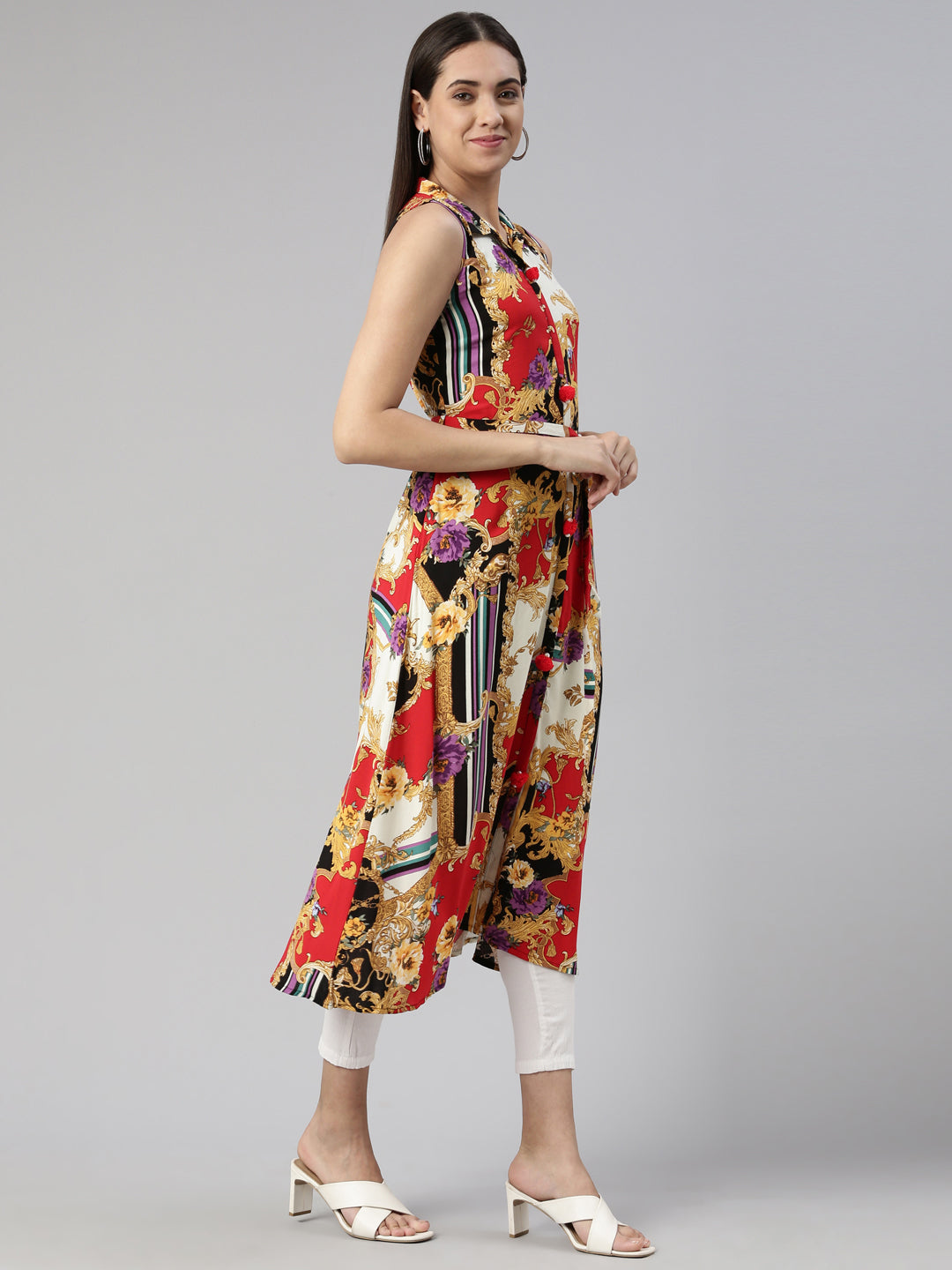 Neerus Black cotton printed A-line kurti - back view