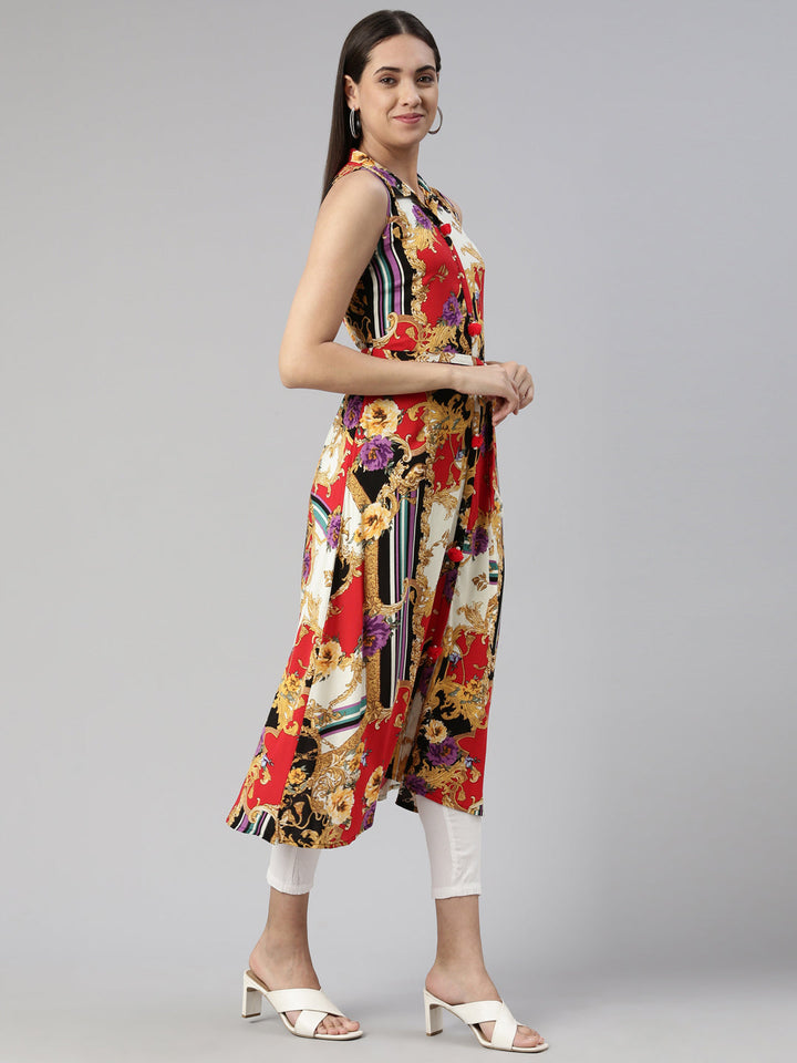 Neerus Black cotton printed A-line kurti - back view