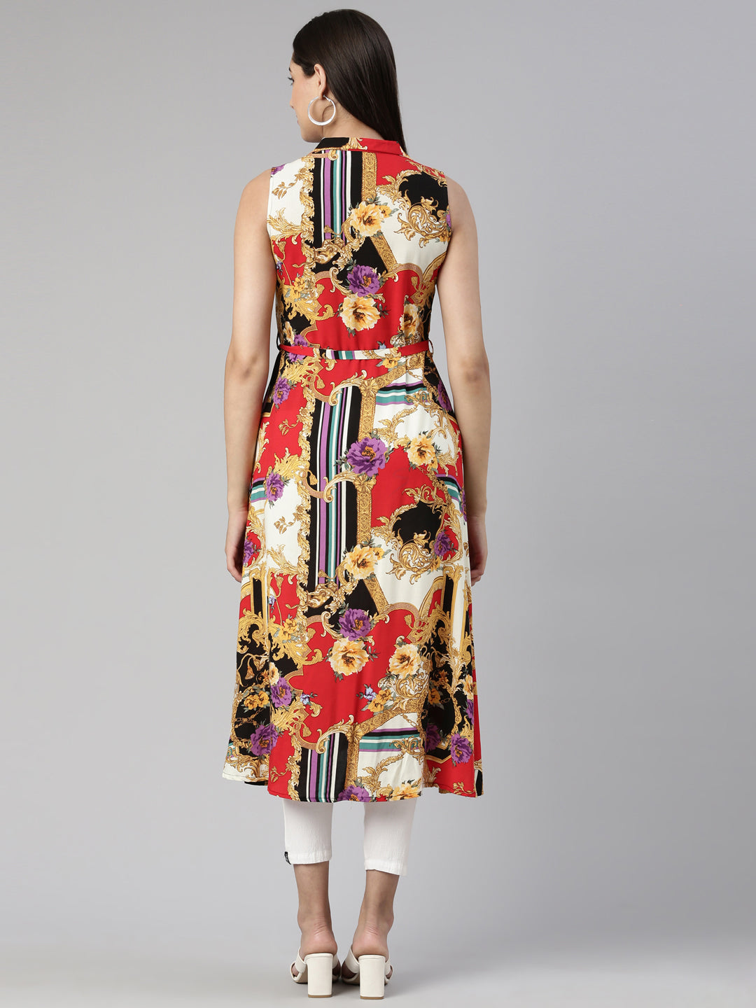 Neerus Black cotton printed A-line kurti - side view