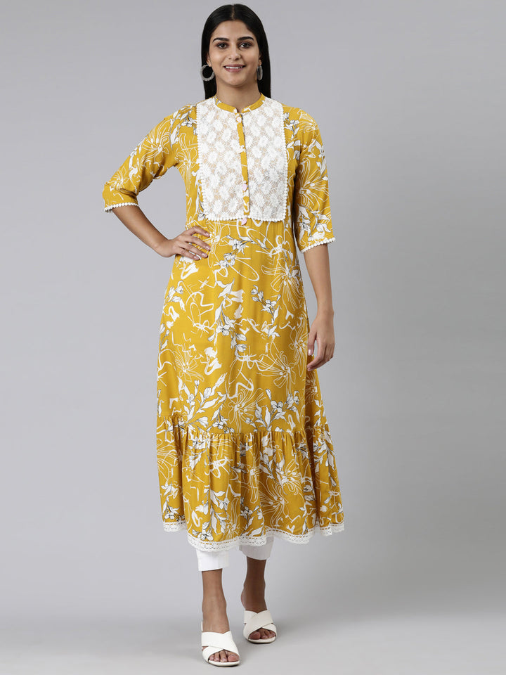 Neerus Yellow Viscose Rayon Printed A-Line Kurti - front view
