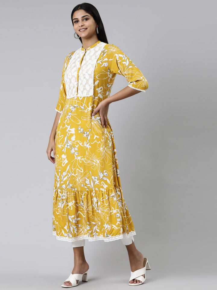 Neerus Yellow Viscose Rayon Printed A-Line Kurti - back view