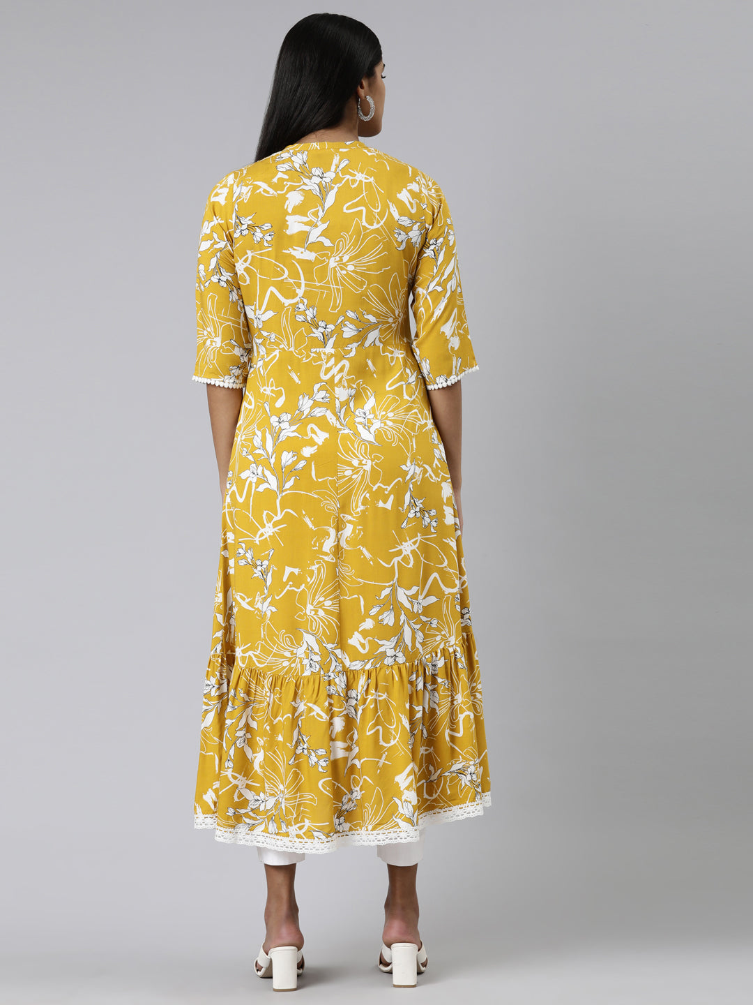 Neerus Yellow Viscose Rayon Printed A-Line Kurti - side view