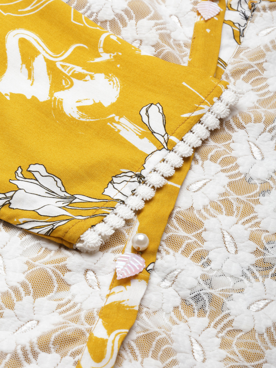 Neerus Yellow Viscose Rayon Printed A-Line Kurti - detail view 1