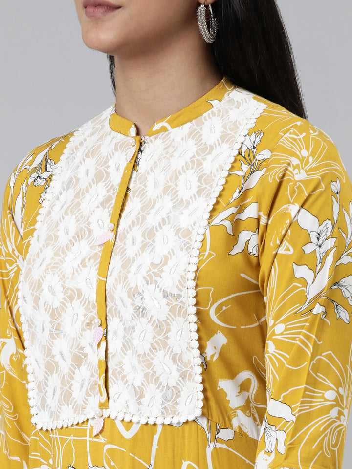 Neerus Yellow Viscose Rayon Printed A-Line Kurti - detail view 2