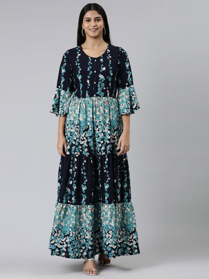 Neerus Blue Viscose Rayon Printed Kurti straight silhouette - front view
