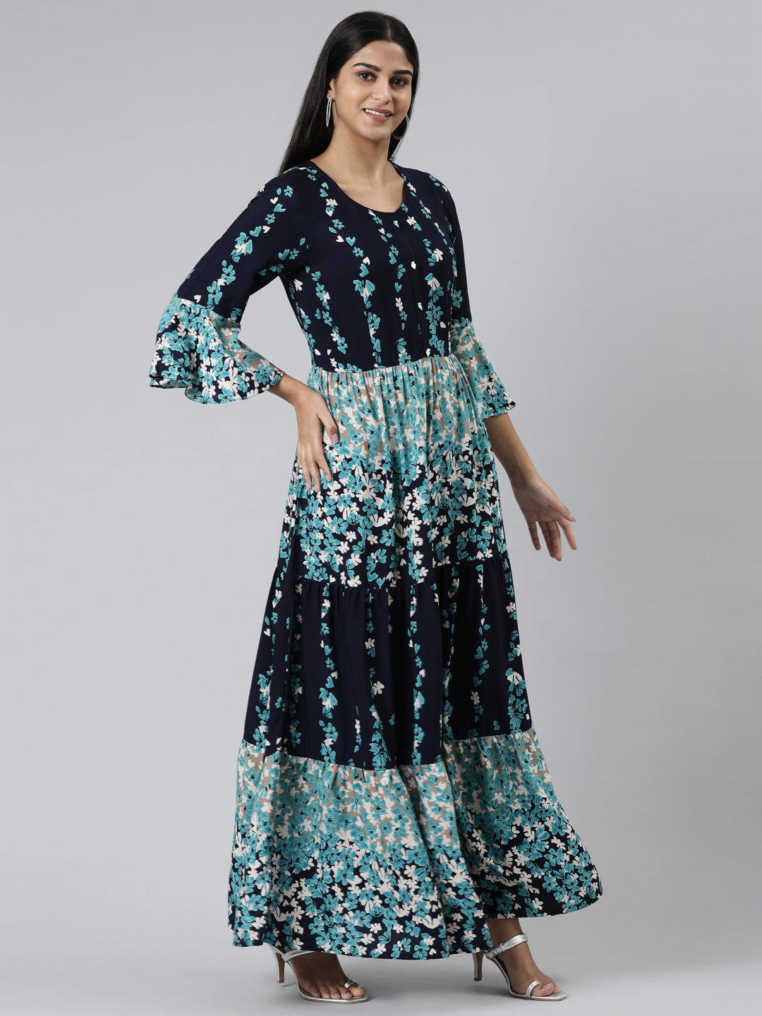 Neerus Blue Viscose Rayon Printed Kurti straight silhouette - back view