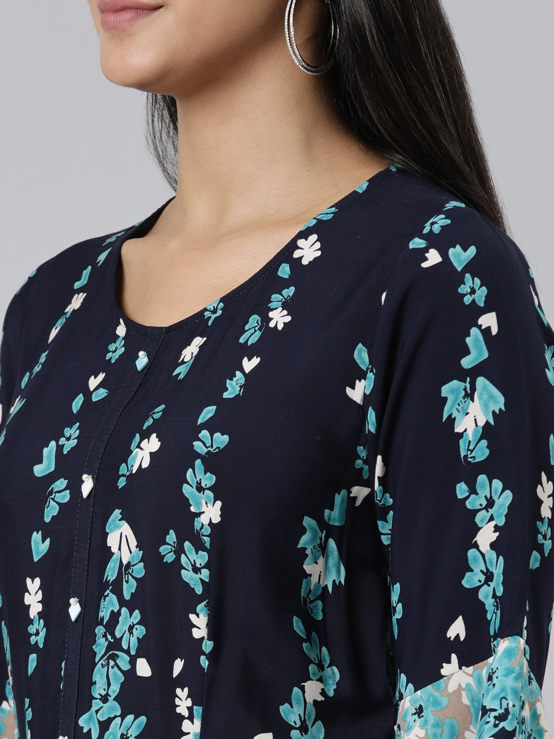 Neerus Blue Viscose Rayon Printed Kurti straight silhouette - detail view 2