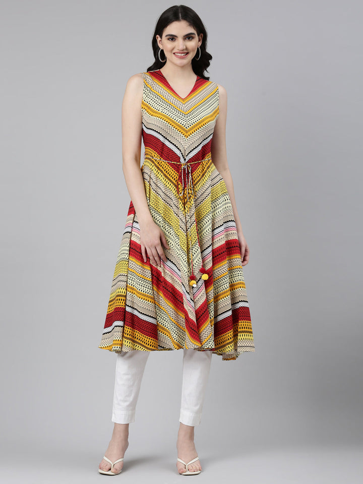 Neerus Yellow solid anarkali kurti - front view