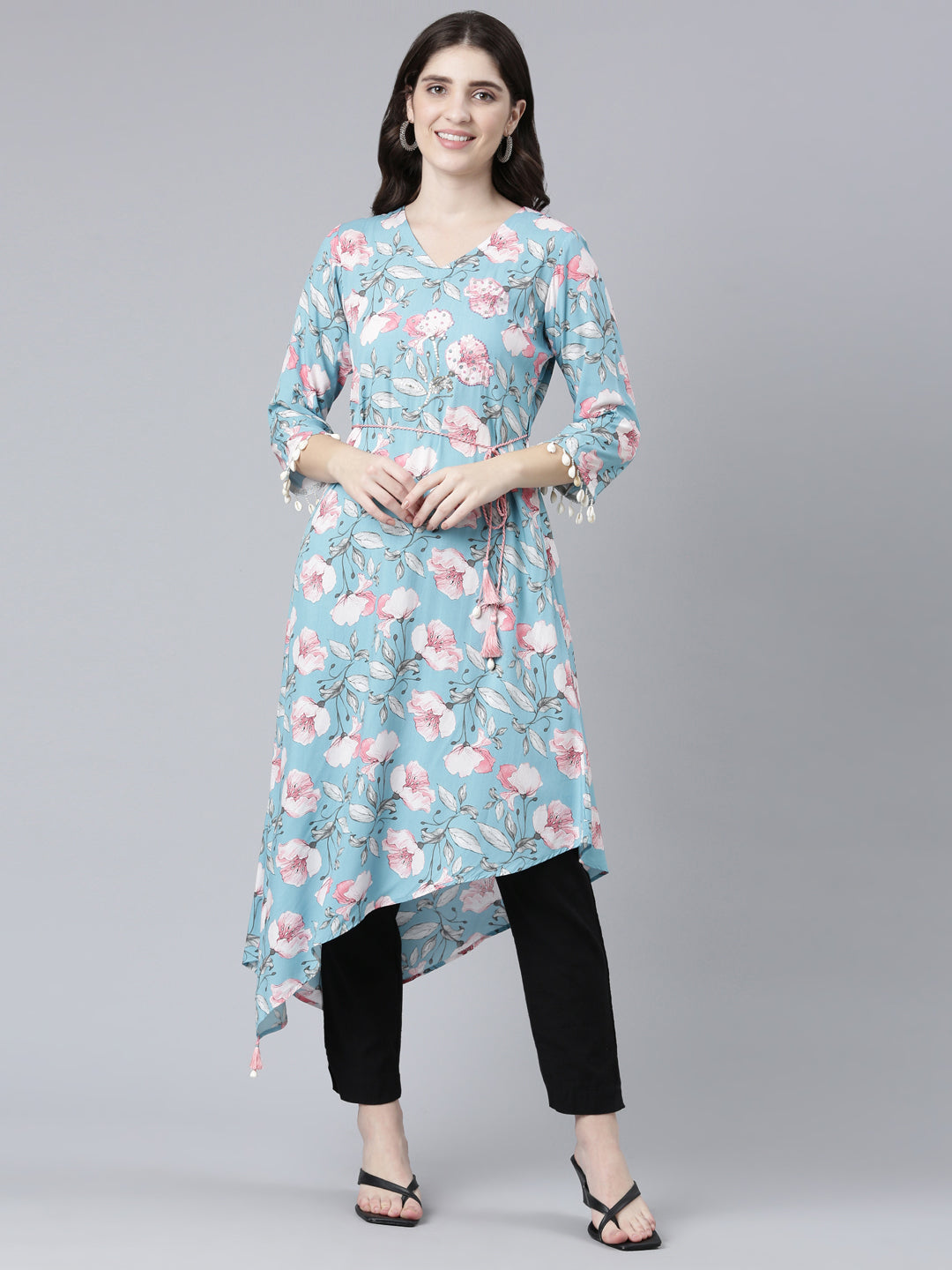 Neerus Blue rayon printed high-low dress - front view