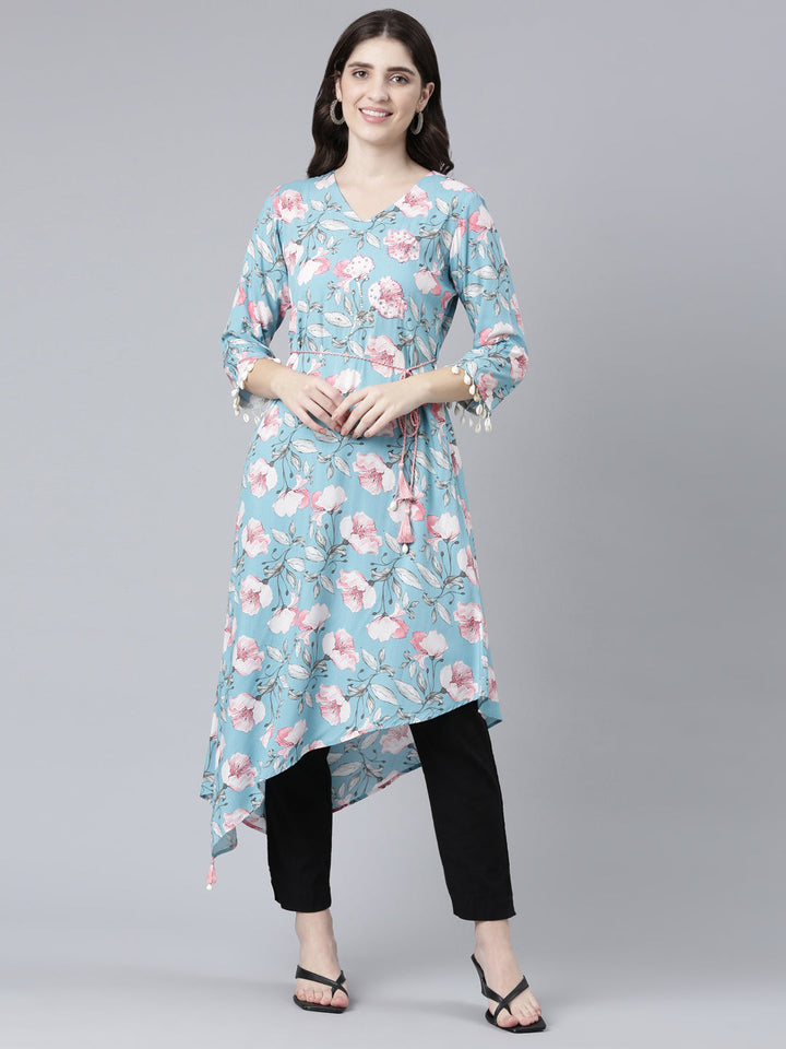 Neerus Blue rayon printed high-low dress - front view