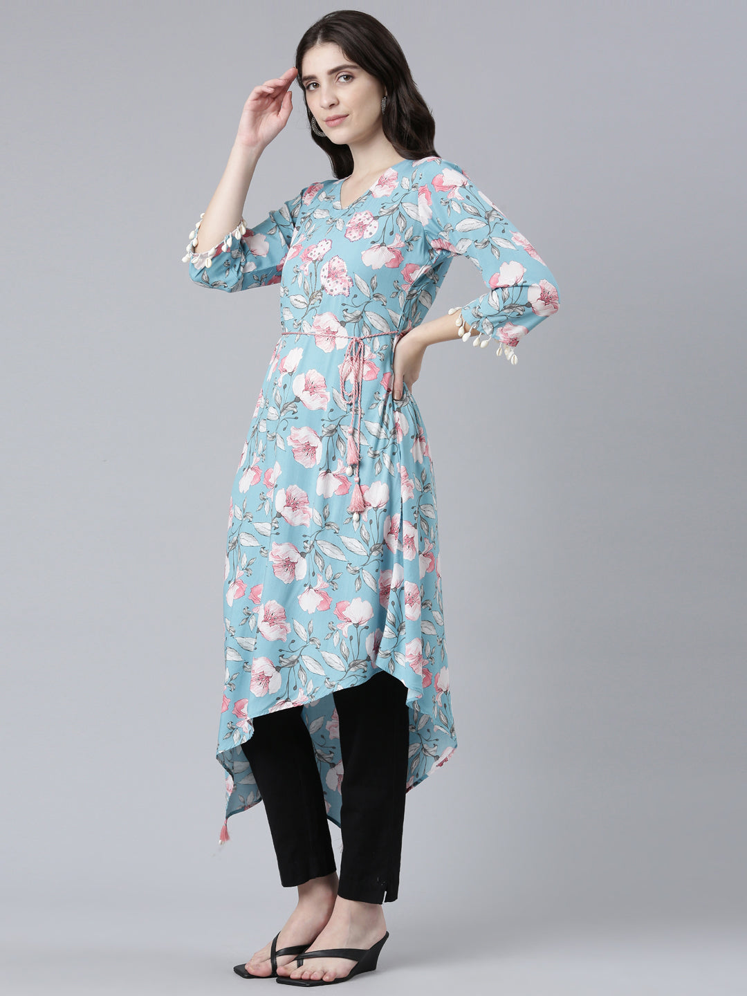 Neerus Blue rayon printed high-low dress - back view