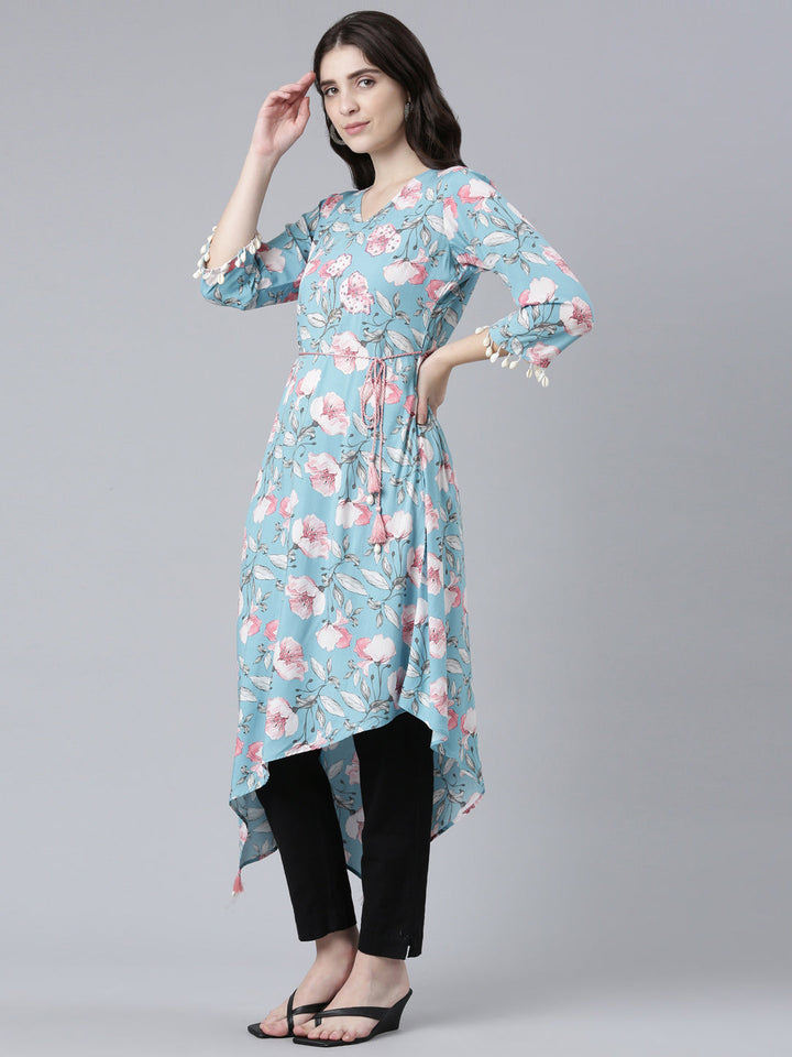 Neerus Blue rayon printed high-low dress - back view