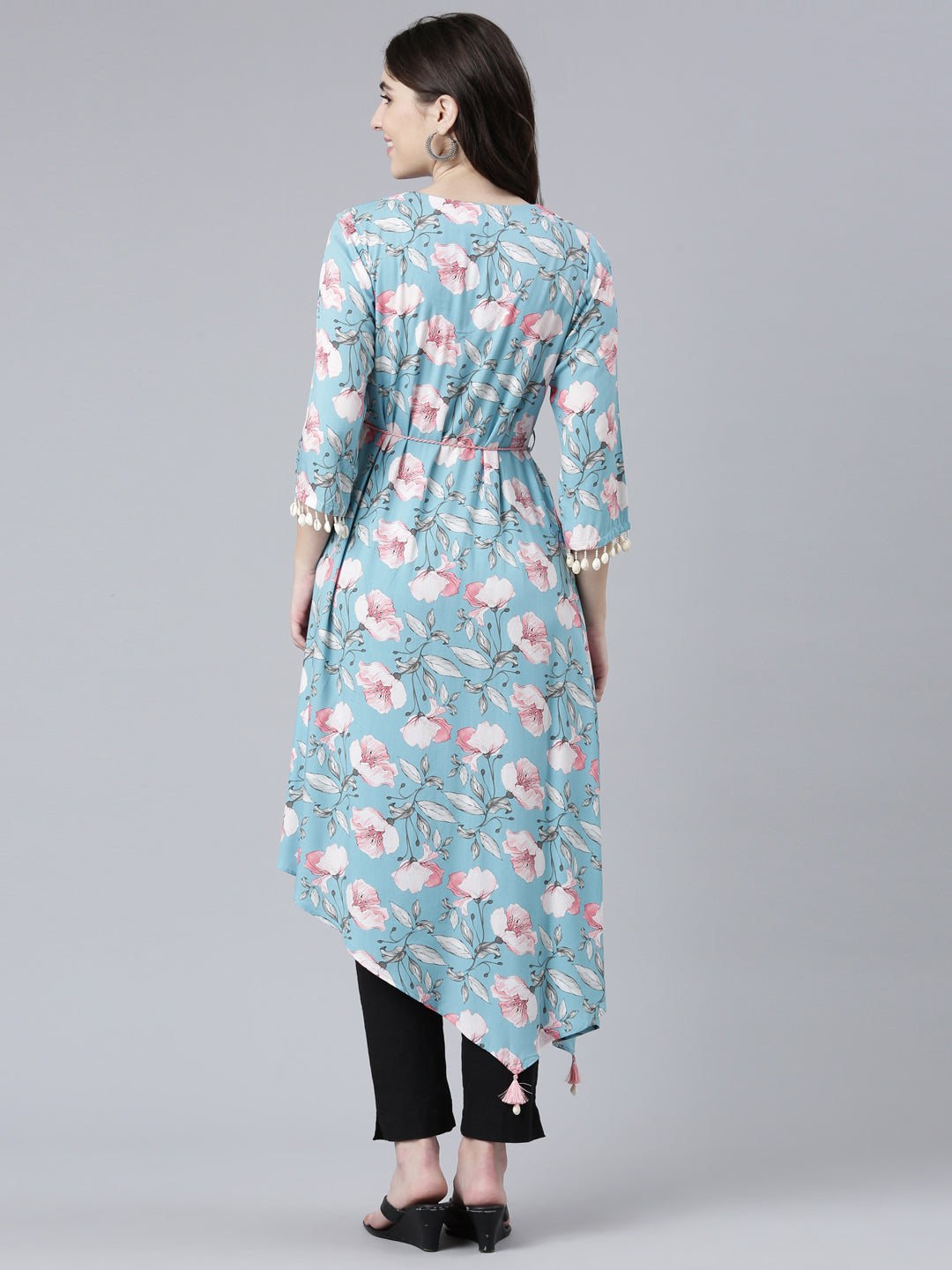 Neerus Blue rayon printed high-low dress - side view