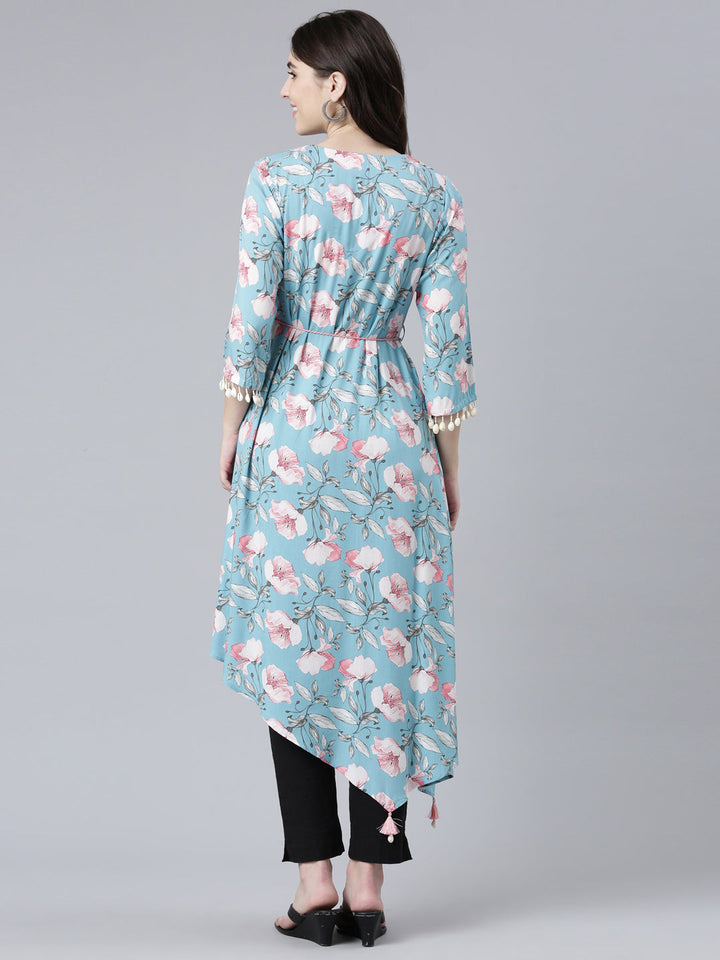 Neerus Blue rayon printed high-low dress - side view