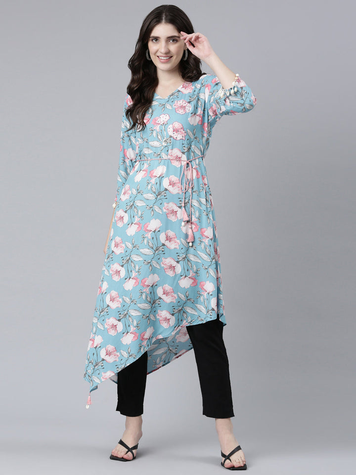Neerus Blue rayon printed high-low dress - detail view 2