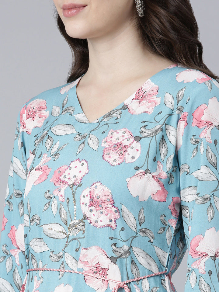 Neerus Blue rayon printed high-low dress - detail view 1
