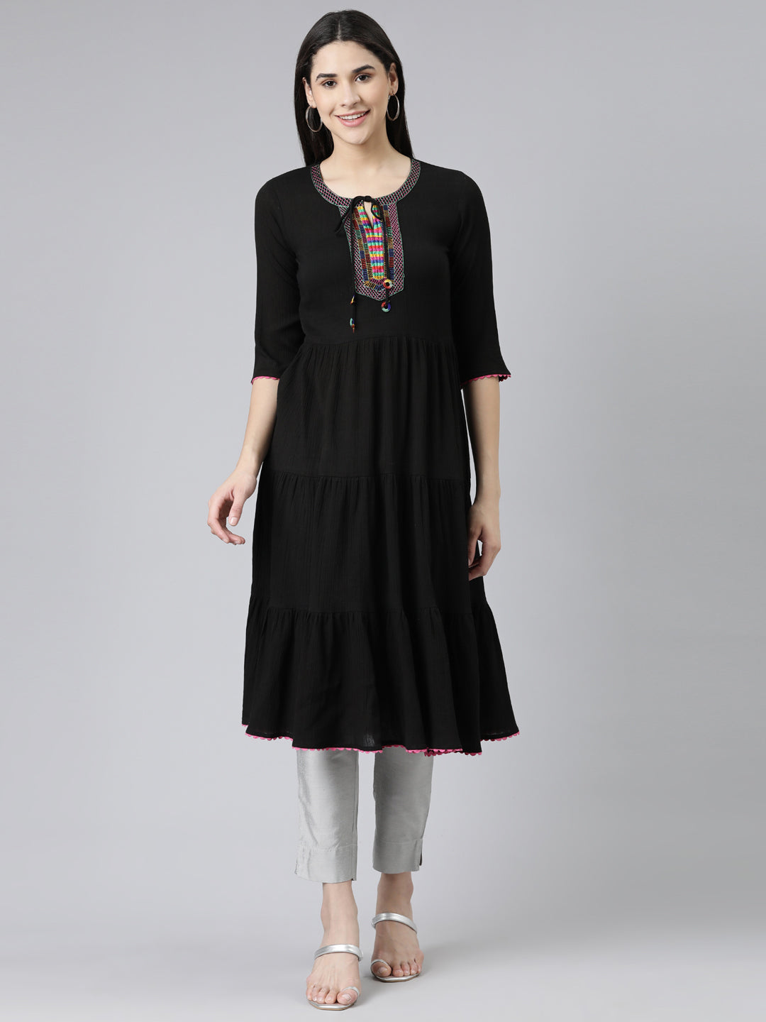 Neerus Black chiffon solid anarkali kurti - front view