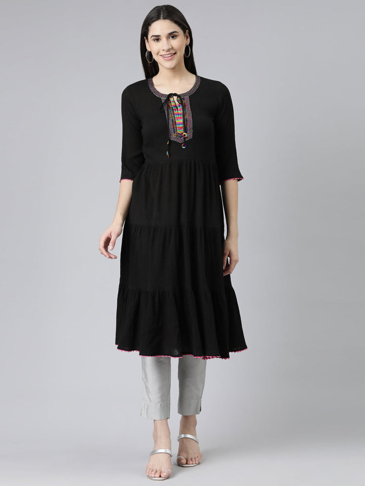 Neerus Black chiffon solid anarkali kurti - front view