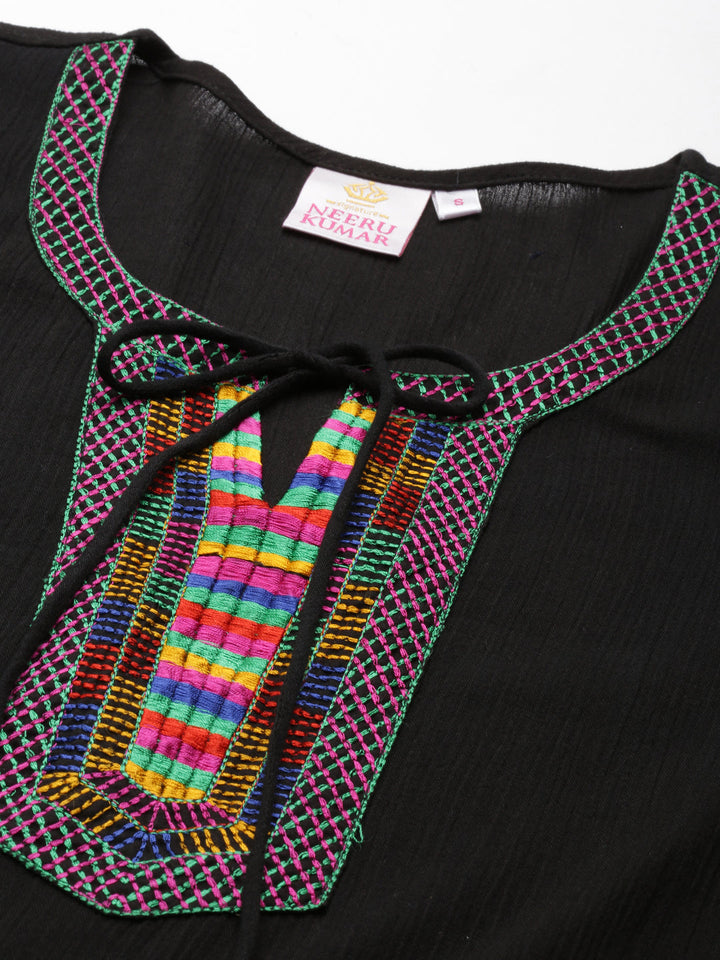 Neerus Black chiffon solid anarkali kurti - detail view 3