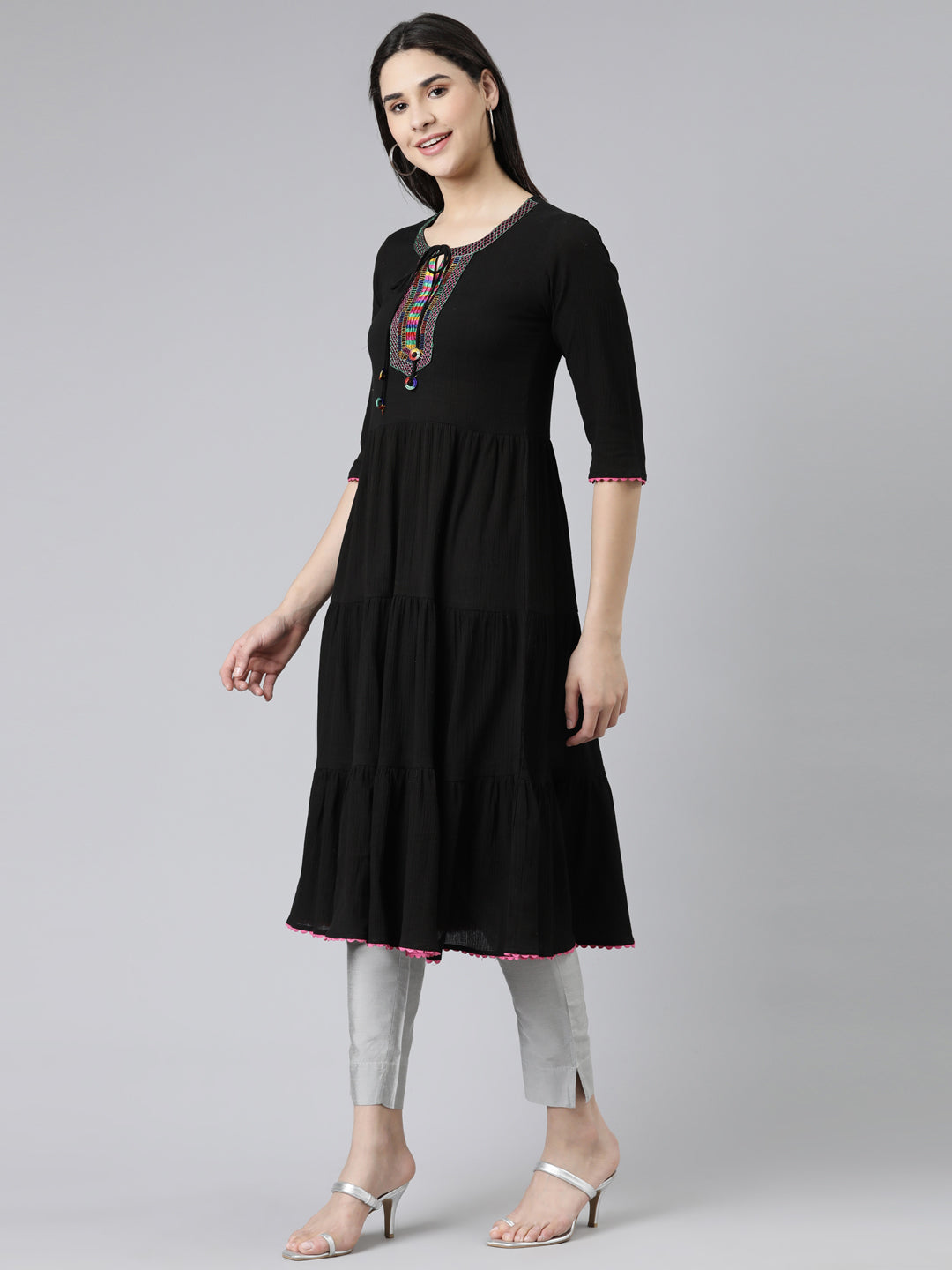 Neerus Black chiffon solid anarkali kurti - back view