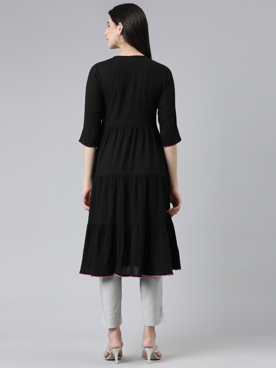 Neerus Black chiffon solid anarkali kurti - side view