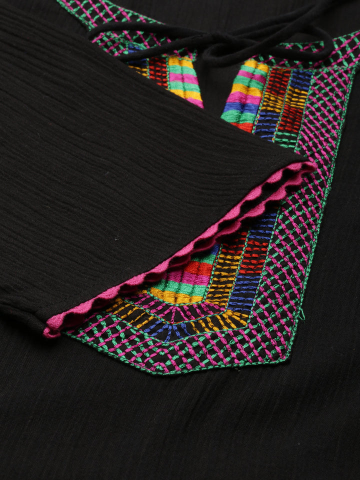 Neerus Black chiffon solid anarkali kurti - detail view 2