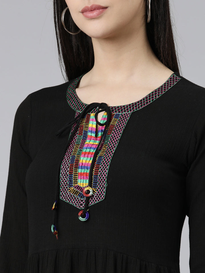 Neerus Black chiffon solid anarkali kurti - detail view 1