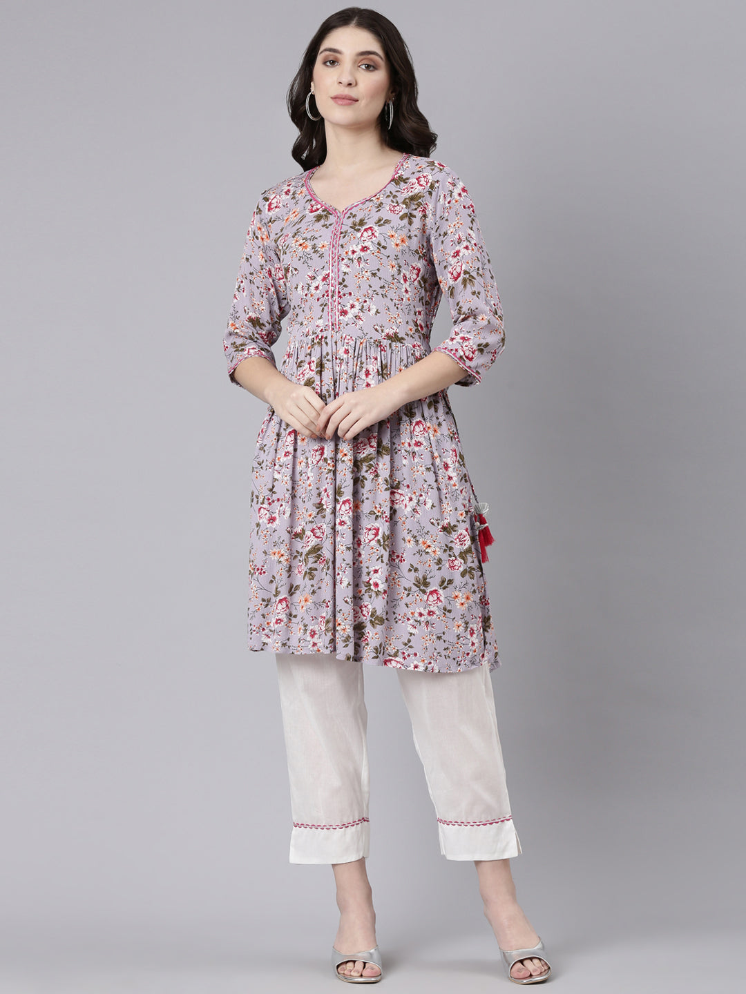Neerus Purple chiffon printed kurta set - front view