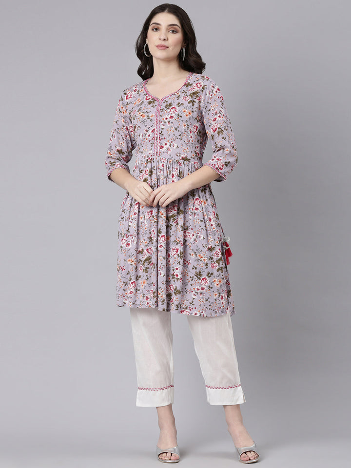 Neerus Purple chiffon printed kurta set - front view
