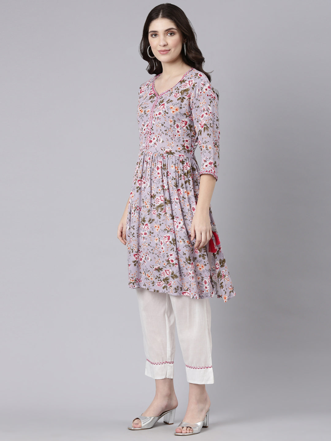 Neerus Purple chiffon printed kurta set - back view