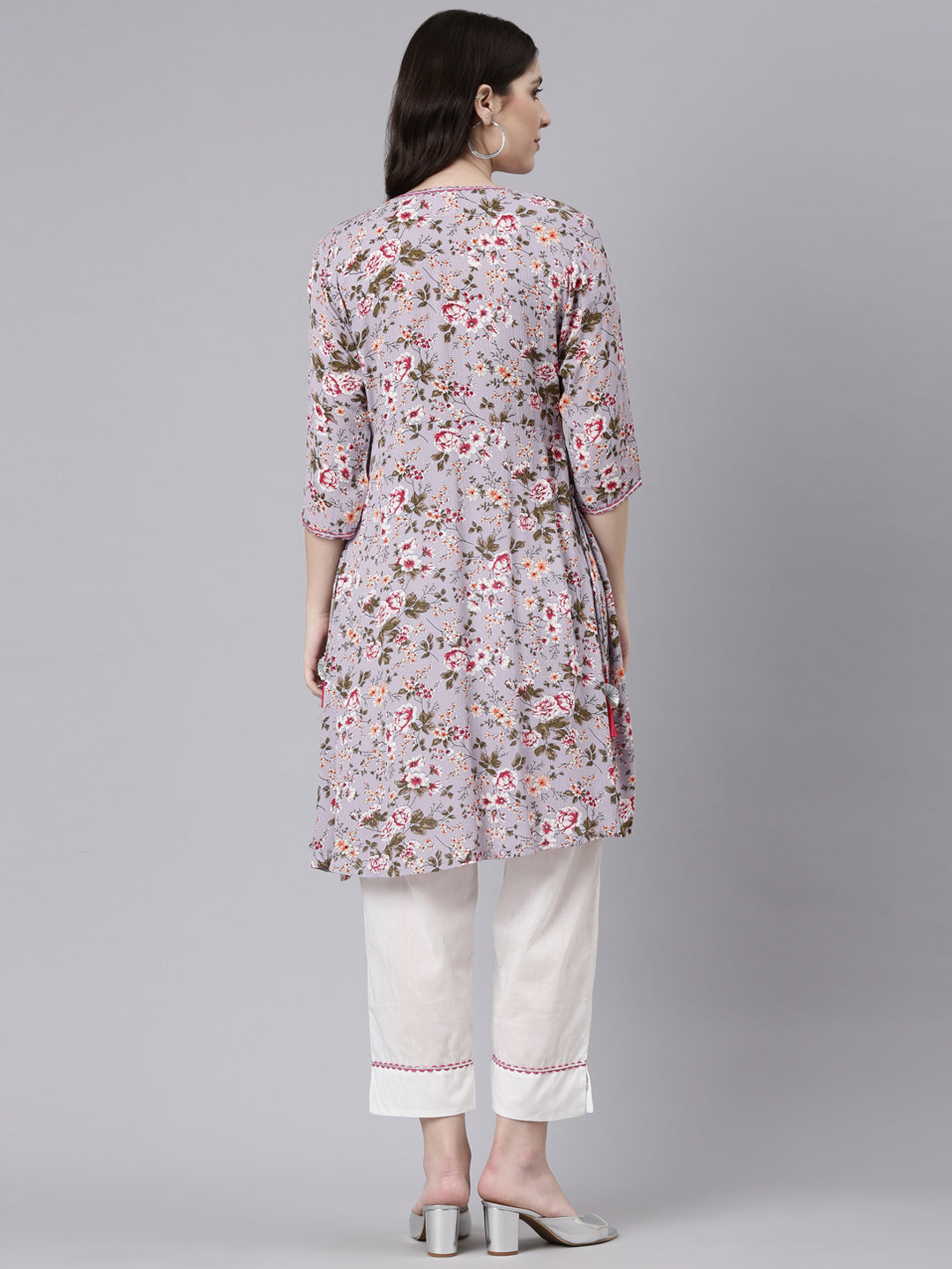 Neerus Purple chiffon printed kurta set - side view