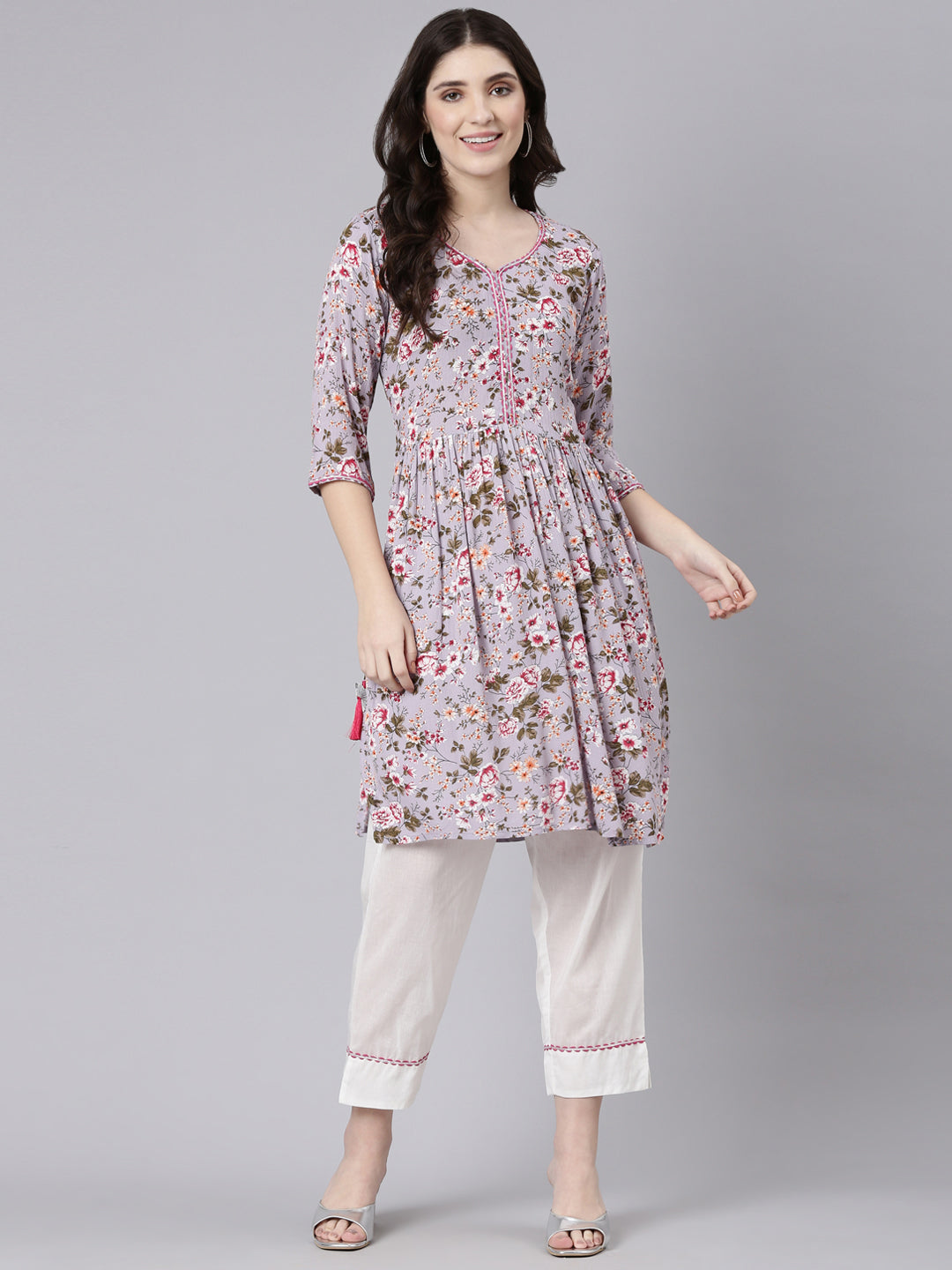 Neerus Purple chiffon printed kurta set - detail view 2