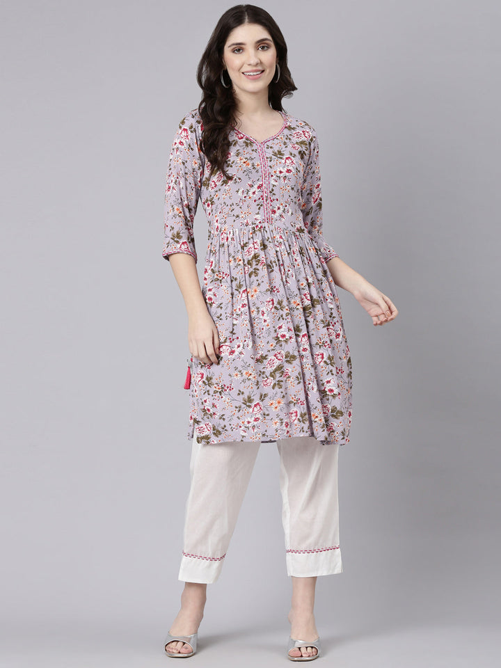 Neerus Purple chiffon printed kurta set - detail view 2