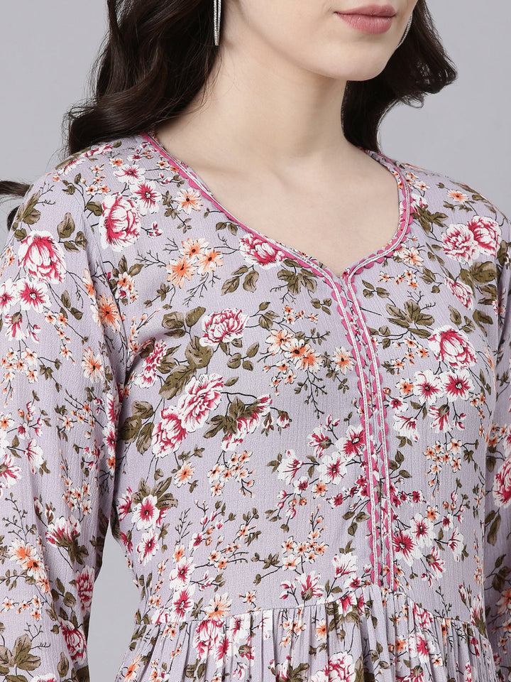 Neerus Purple chiffon printed kurta set - detail view 1