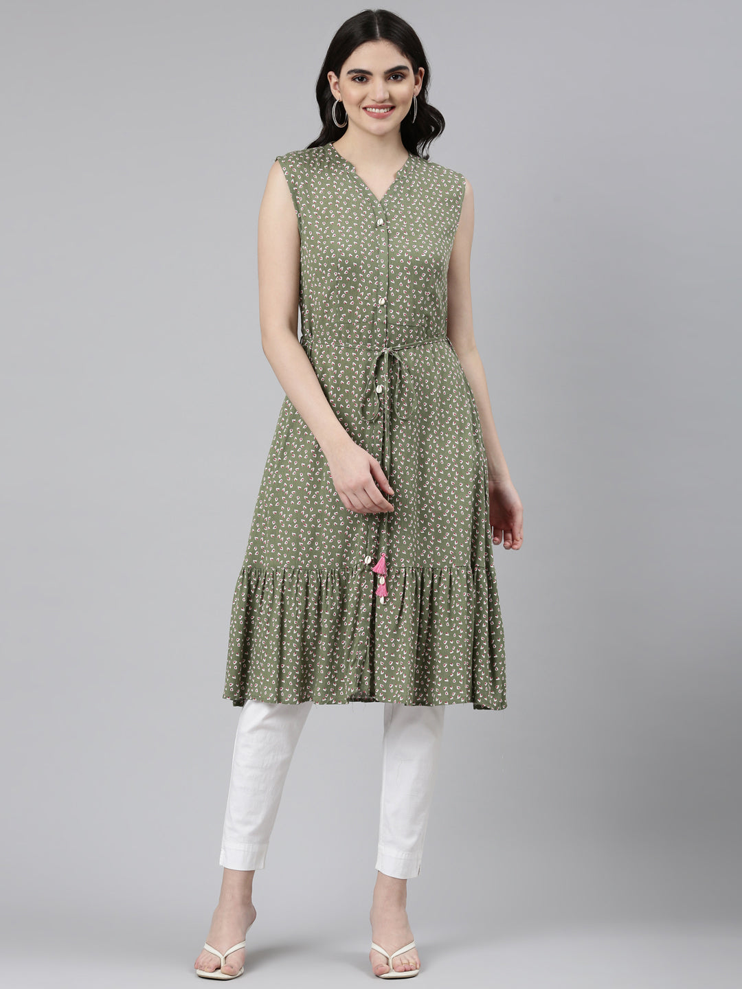 Neerus Green rayon printed straight dress - front view