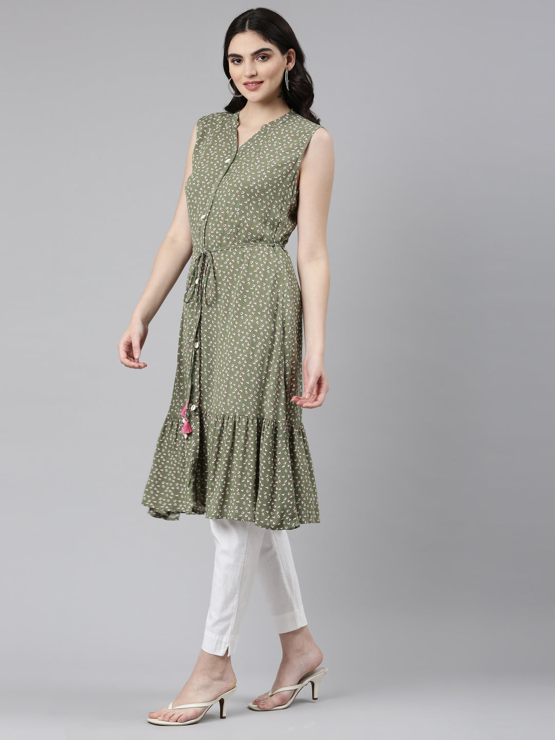 Neerus Green rayon printed straight dress - back view