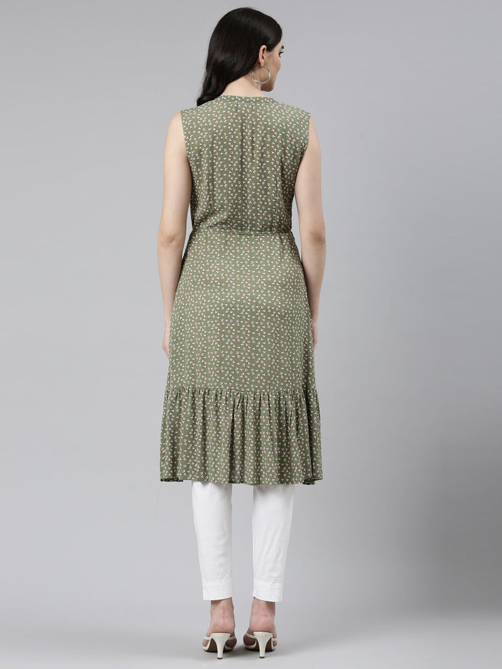 Neerus Green rayon printed straight dress - side view
