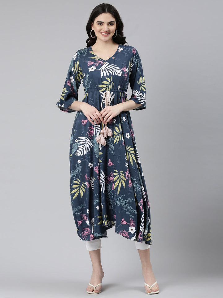 Neerus Blue rayon printed high-low dress - front view